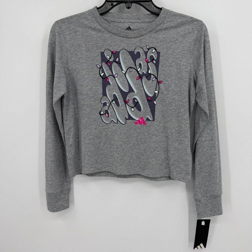 Adidas Girls' Gray Christmas Lights Long Sleeve Graphic T-Shirt M/10-12